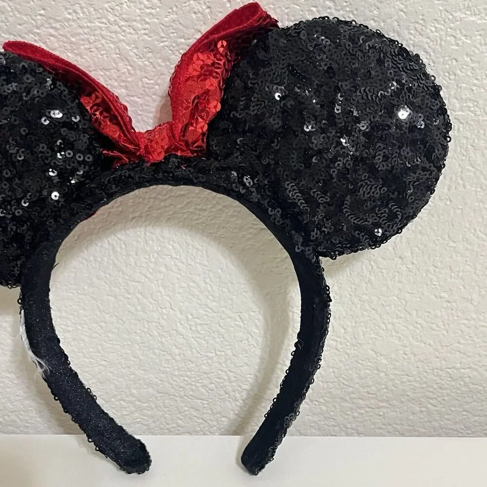 Disney Parks Minnie Mouse Black Sequin Red Bow Sequin Ears Headband